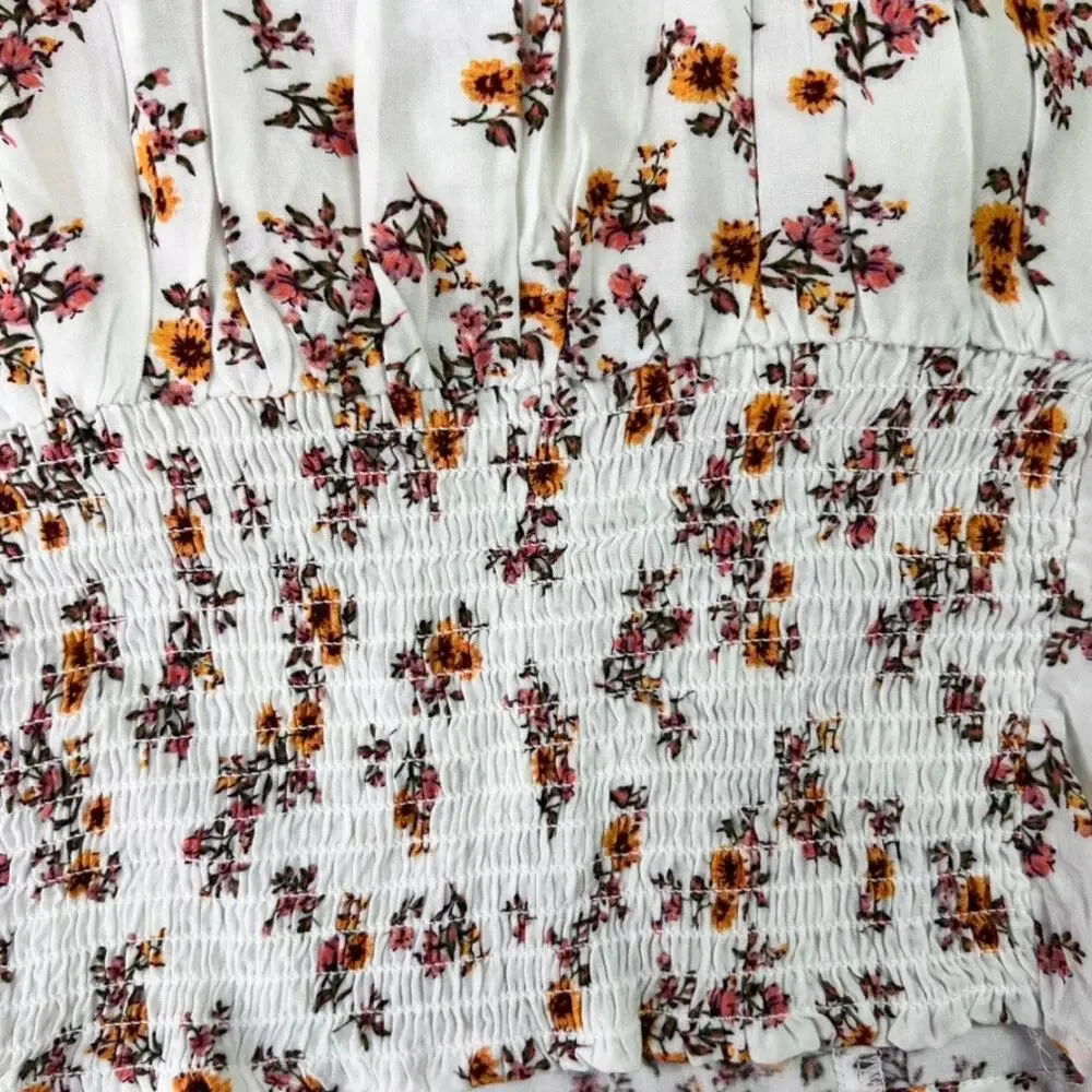 No Boundaries Top Women XS Juniors Ivory Floral Puff Sleeve Cropped Empire Waist - Picture 3 of 8